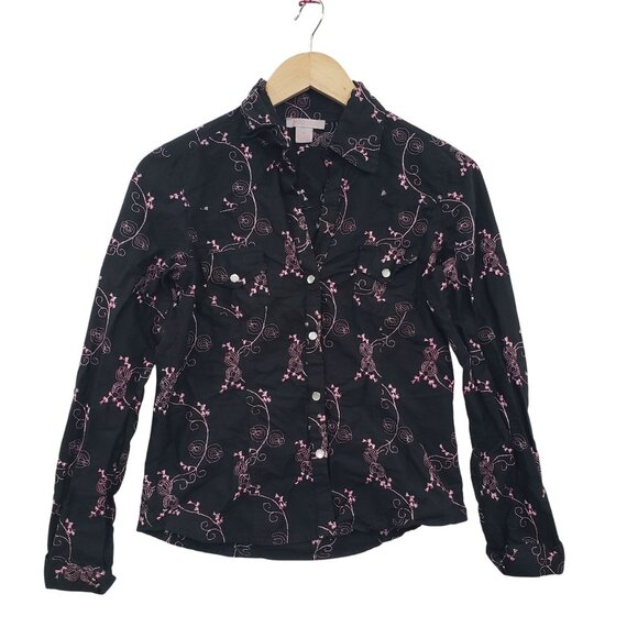 Vintage Y2K Black Pink Embroidered Floral Button Up Shirt Size M Edgy Grunge - Picture 1 of 6